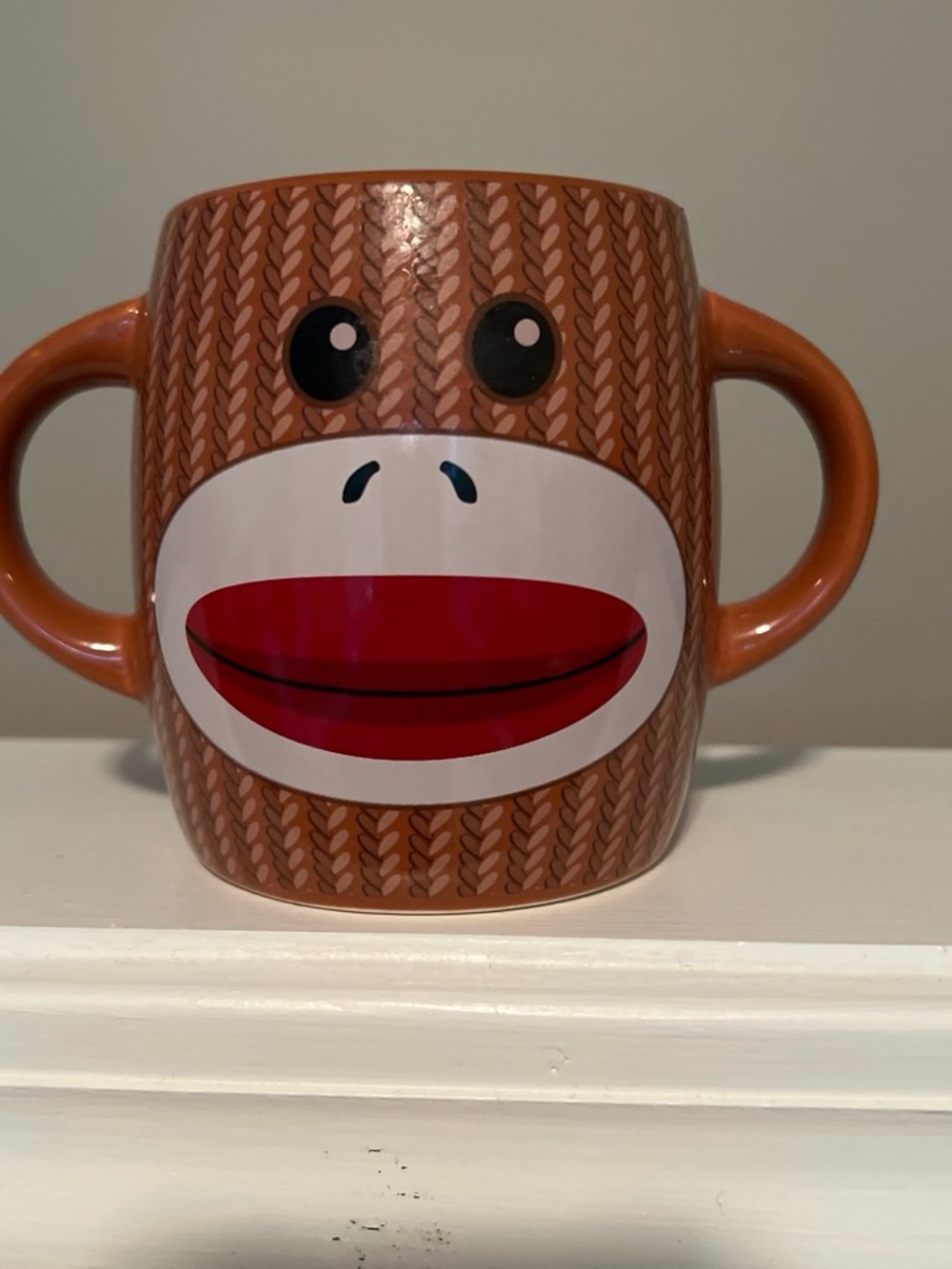 Novelty Brown Sock Monkey Double-Handled Ceramic Mug